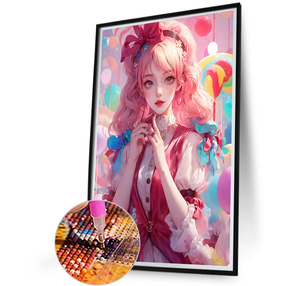 Candy Pink Girl - Full AB Round Drill Diamond Painting 40*60CM