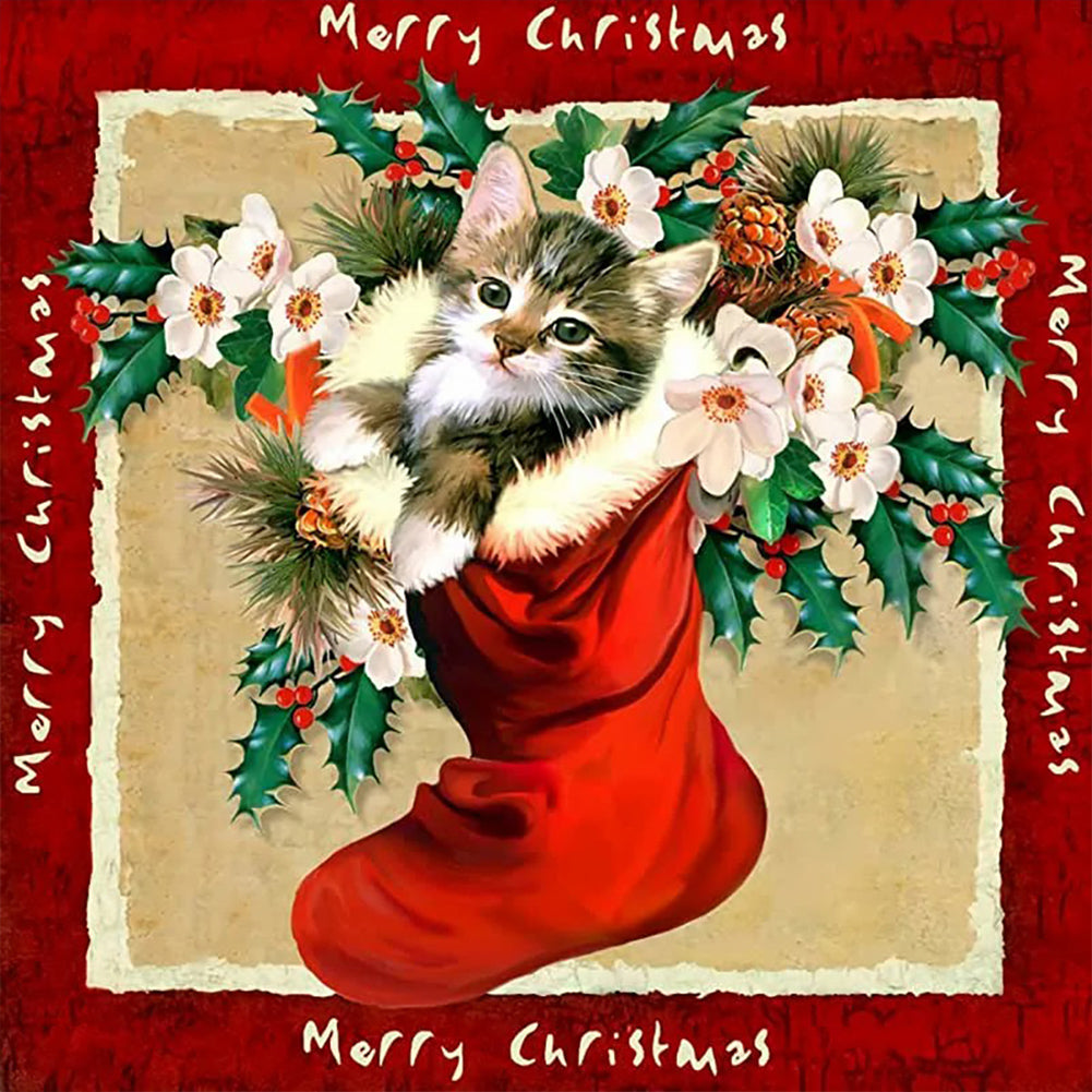 Christmas Stocking Cat - Full Round Drill Diamond Painting 30*30CM