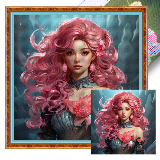 Pink Curly Hair Girl - 11CT Stamped Cross Stitch 50*50CM