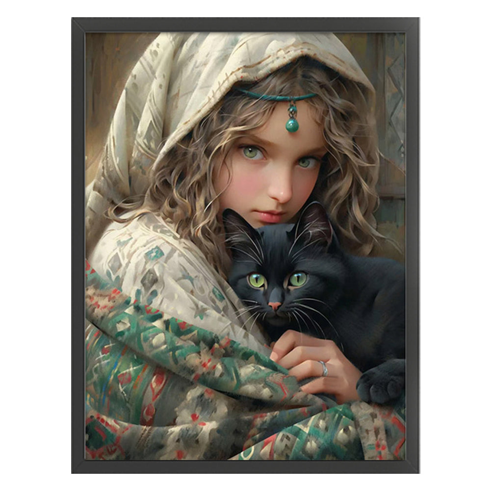 Girl And Cat - 11CT Stamped Cross Stitch 50*65CM