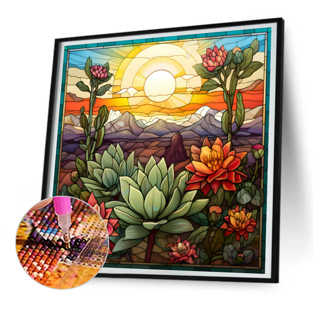 Cactus Flower Glass Painting - Full Round Drill Diamond Painting 30*30CM