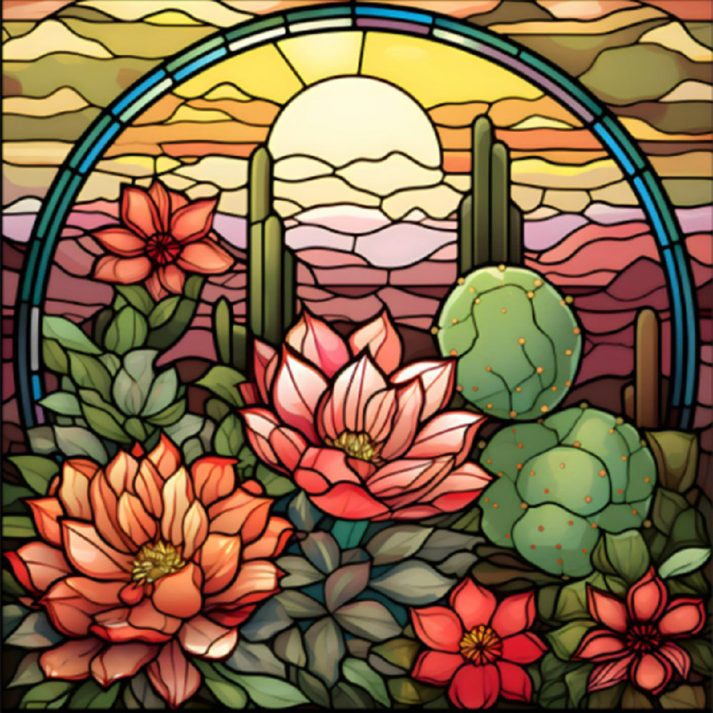 Cactus Flower Glass Painting - Full Round Drill Diamond Painting 30*30CM