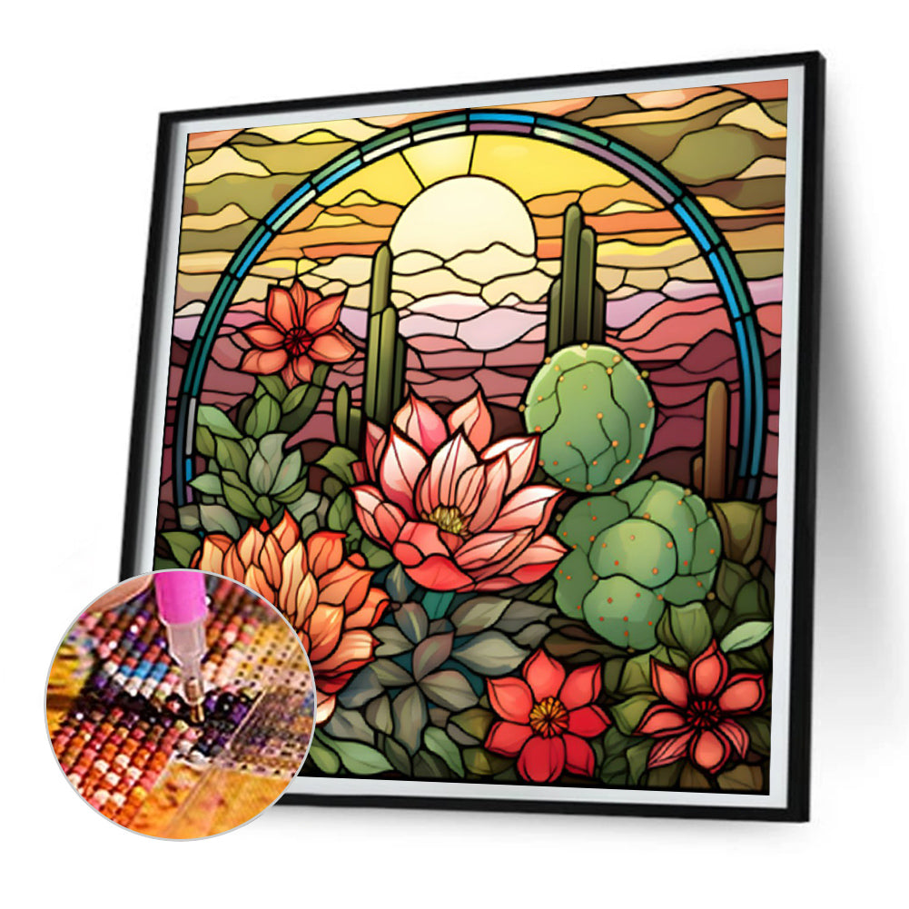 Cactus Flower Glass Painting - Full Round Drill Diamond Painting 30*30CM