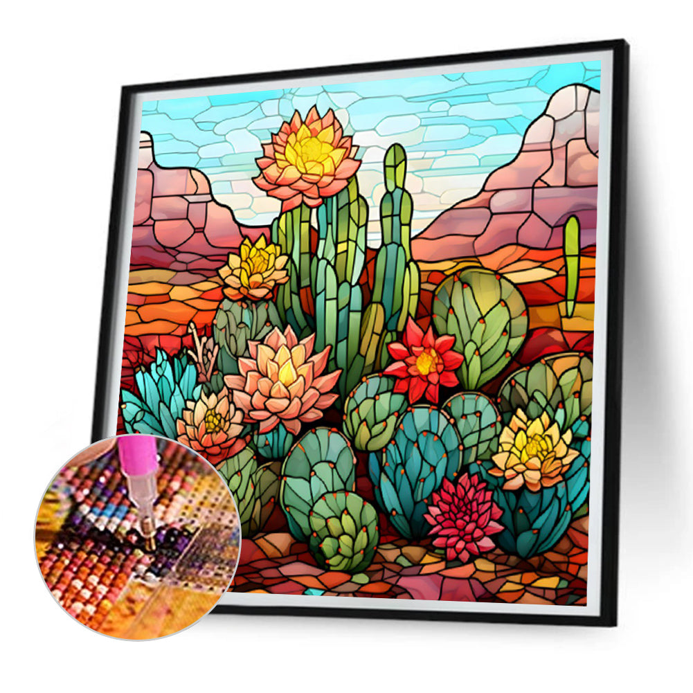 Cactus Flower Glass Painting - Full Round Drill Diamond Painting 30*30CM