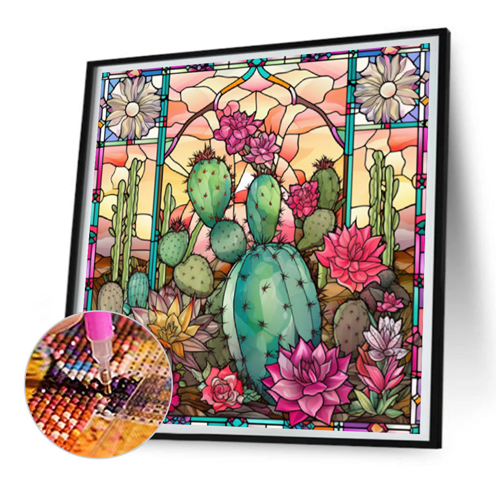 Cactus Flower Glass Painting - Full Round Drill Diamond Painting 30*30CM