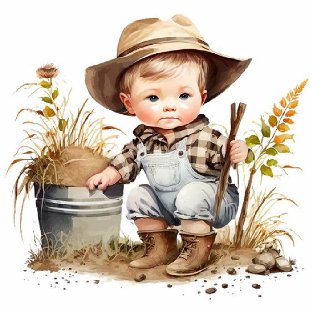 Farm Cowboy Kids - Full Round Drill Diamond Painting 30*30CM