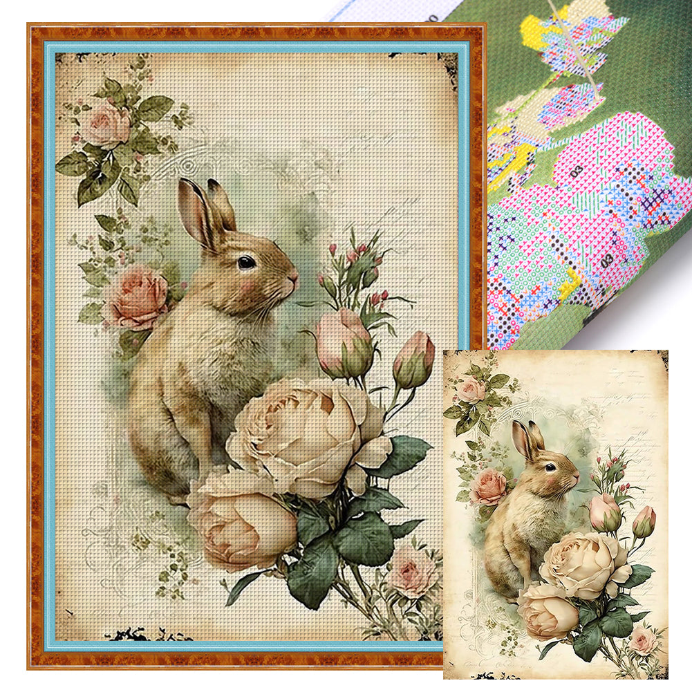 Retro Poster - Rabbit With Flowers - 11CT Stamped Cross Stitch 40*60CM