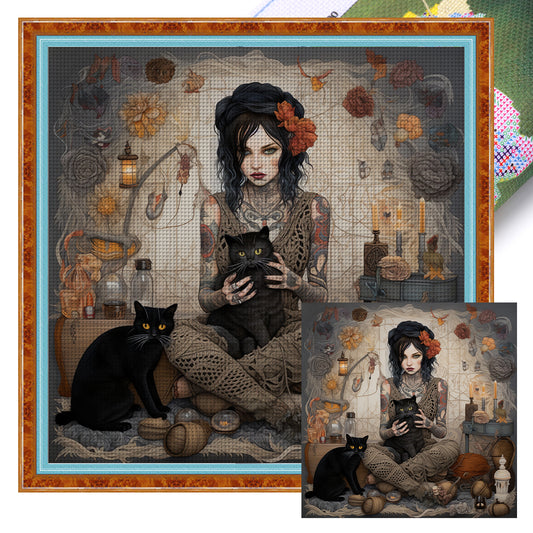 Girl And Black Cat - 11CT Stamped Cross Stitch 70*70CM