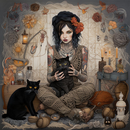 Girl And Black Cat - 11CT Stamped Cross Stitch 70*70CM