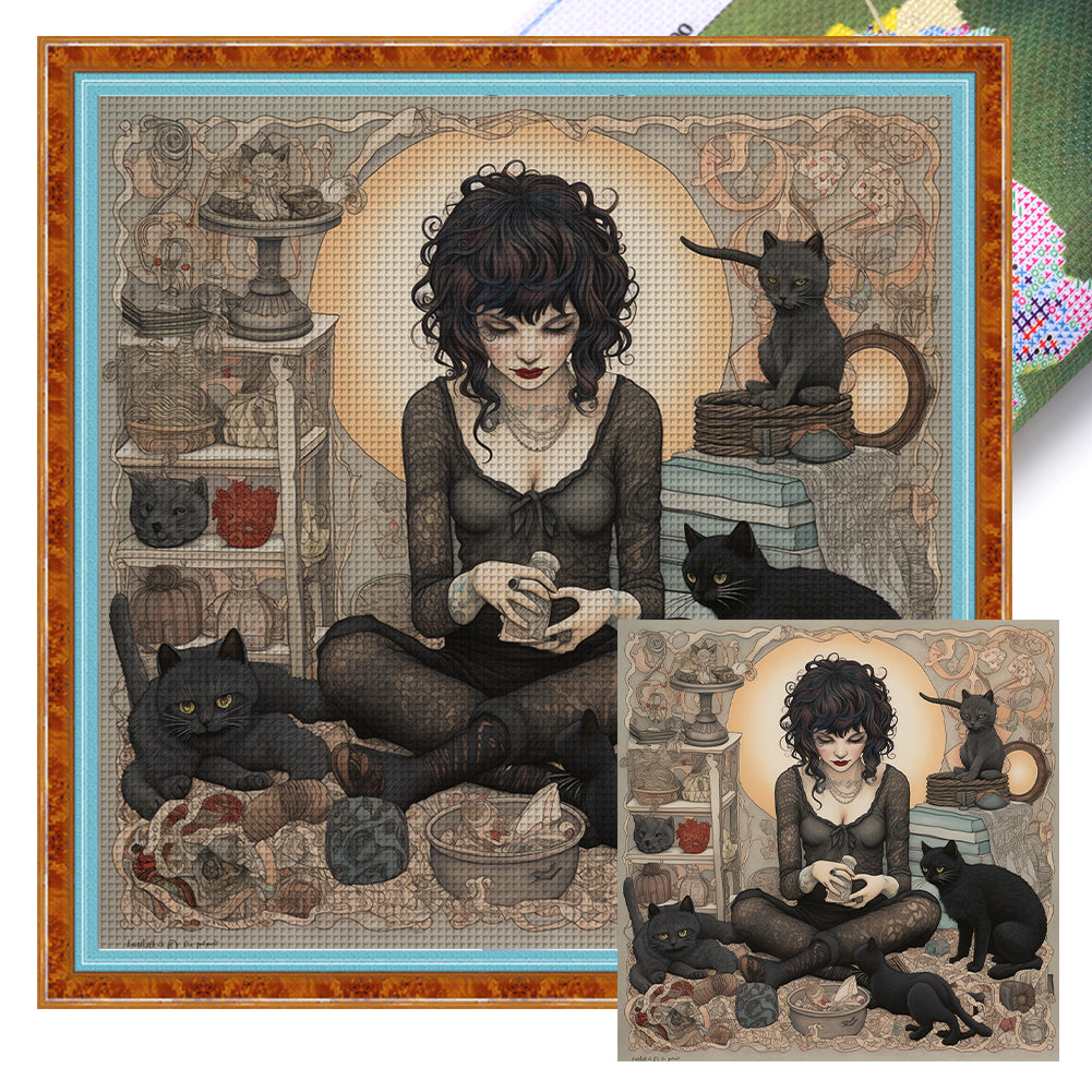 Girl And Black Cat - 11CT Stamped Cross Stitch 70*70CM