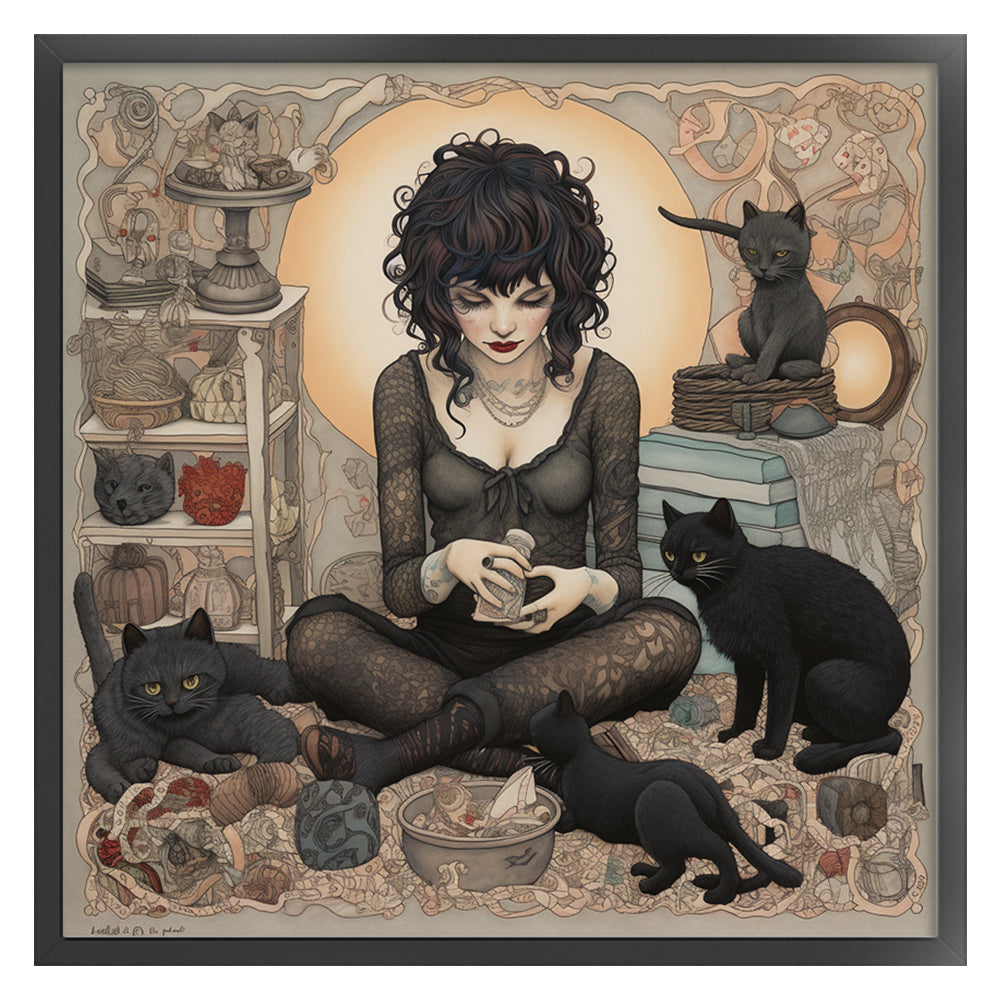 Girl And Black Cat - 11CT Stamped Cross Stitch 70*70CM