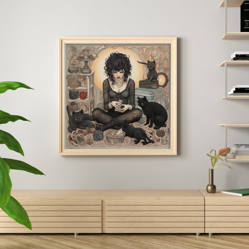 Girl And Black Cat - 11CT Stamped Cross Stitch 70*70CM