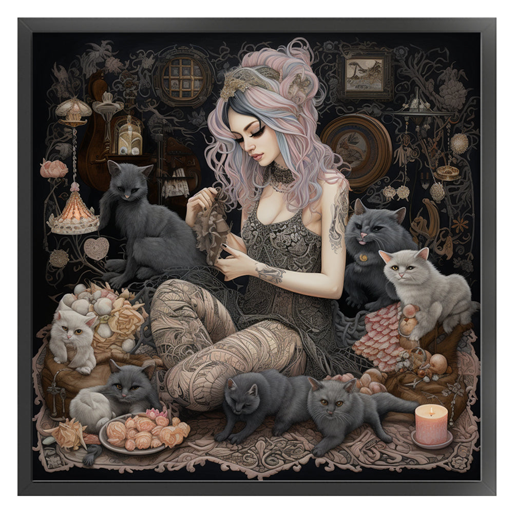 Girl And Black Cat - 11CT Stamped Cross Stitch 70*70CM