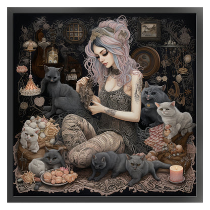 Girl And Black Cat - 11CT Stamped Cross Stitch 70*70CM