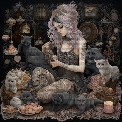 Girl And Black Cat - 11CT Stamped Cross Stitch 70*70CM