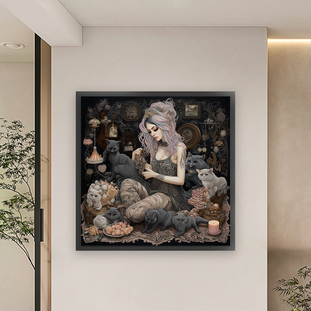 Girl And Black Cat - 11CT Stamped Cross Stitch 70*70CM