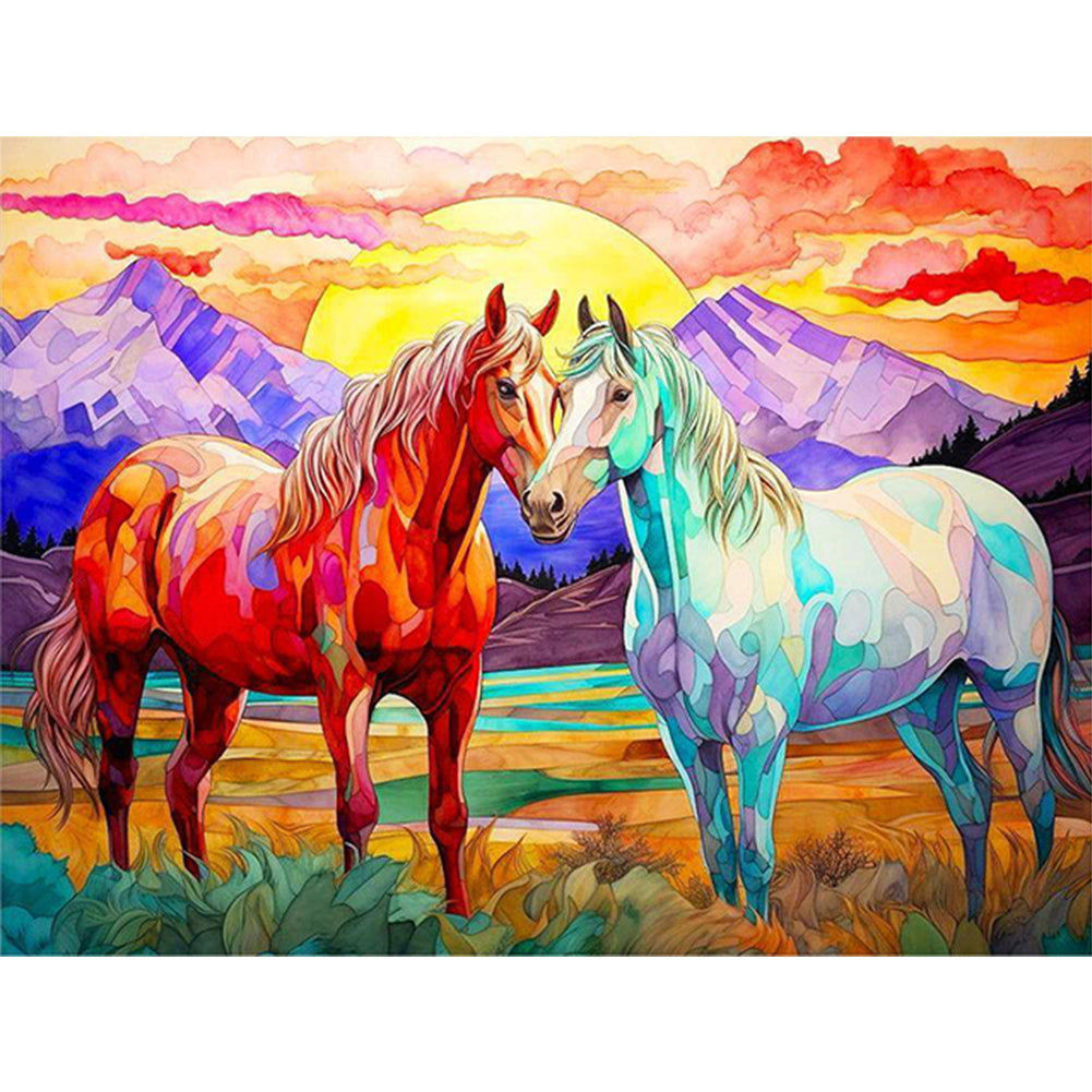 Two Horses In The Prairie - Full Round Drill Diamond Painting 40*30CM