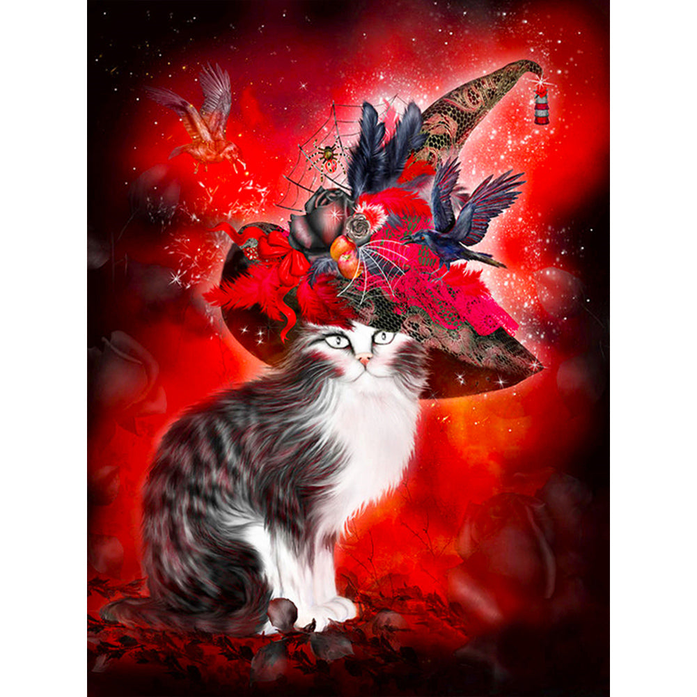 Halloween Witch Hat Cat - Full Round Drill Diamond Painting 30*40CM