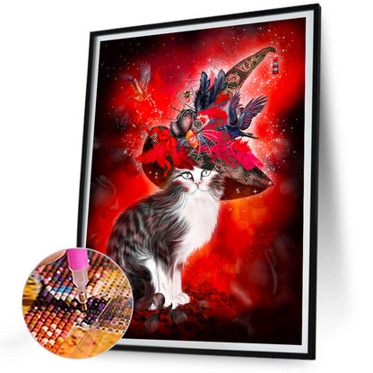 Halloween Witch Hat Cat - Full Round Drill Diamond Painting 30*40CM