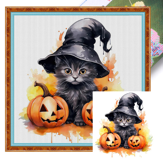 Halloween Pumpkin And Black Cat - 18CT Stamped Cross Stitch 25*25CM