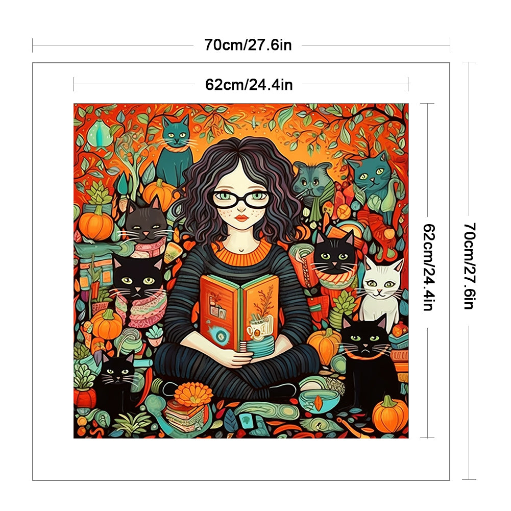 Girl And Black Cat - 11CT Stamped Cross Stitch 70*70CM