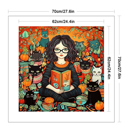 Girl And Black Cat - 11CT Stamped Cross Stitch 70*70CM