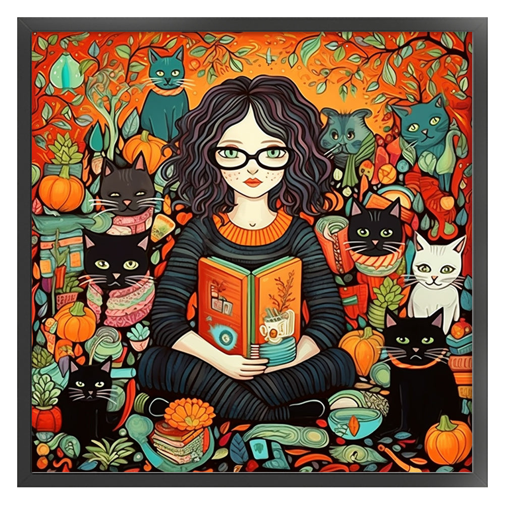 Girl And Black Cat - 11CT Stamped Cross Stitch 70*70CM