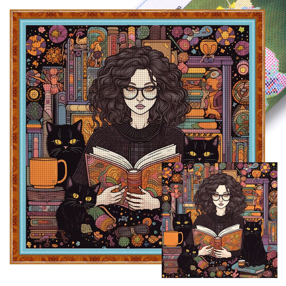 Girl And Black Cat - 11CT Stamped Cross Stitch 70*70CM