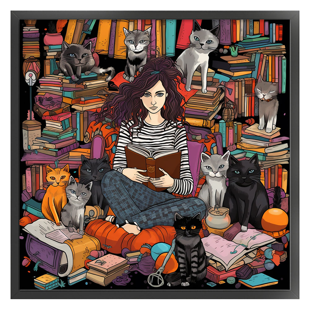 Girl And Black Cat - 11CT Stamped Cross Stitch 70*70CM