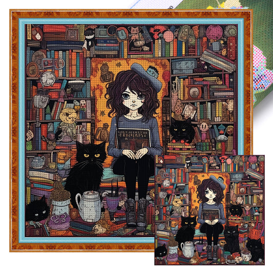 Girl And Black Cat - 11CT Stamped Cross Stitch 70*70CM