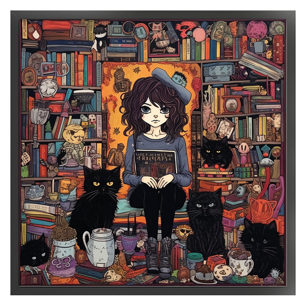 Girl And Black Cat - 11CT Stamped Cross Stitch 70*70CM