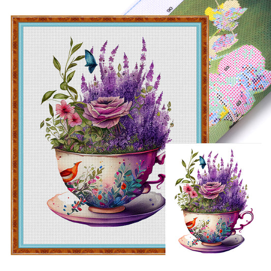 Tea Cup Flowers - 14CT Stamped Cross Stitch 40*50CM