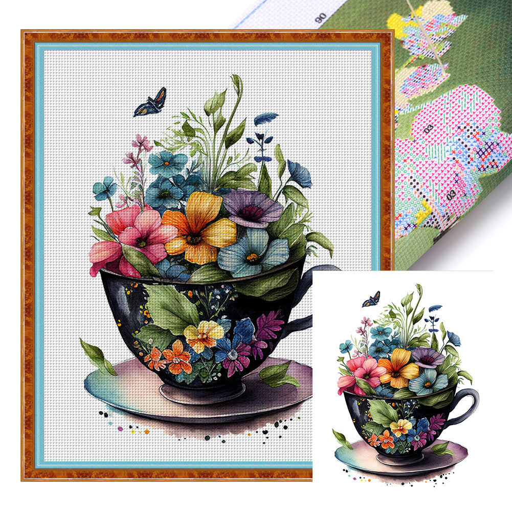 Tea Cup Flowers - 14CT Stamped Cross Stitch 40*50CM