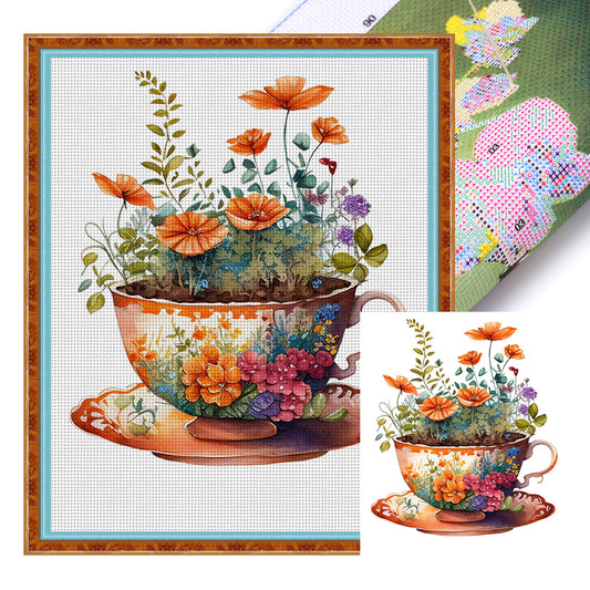 Tea Cup Flowers - 14CT Stamped Cross Stitch 40*50CM