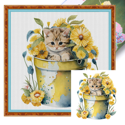 Tea Cup Flowers Cat - 11CT Stamped Cross Stitch 50*50CM