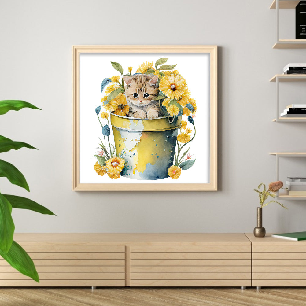 Tea Cup Flowers Cat - 11CT Stamped Cross Stitch 50*50CM