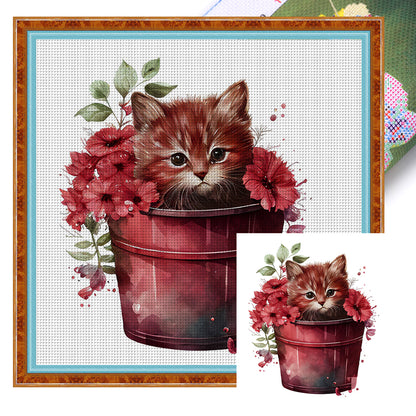 Tea Cup Flowers Cat - 11CT Stamped Cross Stitch 50*50CM