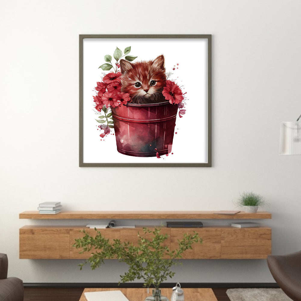 Tea Cup Flowers Cat - 11CT Stamped Cross Stitch 50*50CM