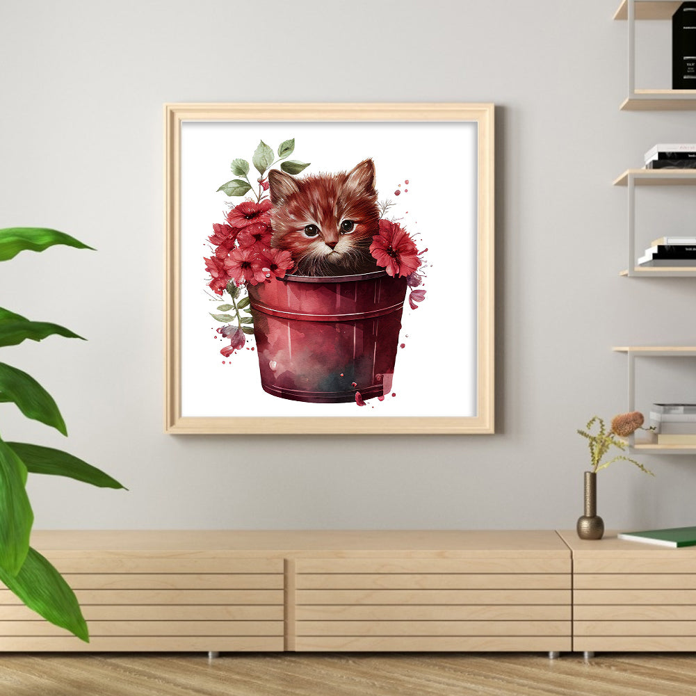 Tea Cup Flowers Cat - 11CT Stamped Cross Stitch 50*50CM