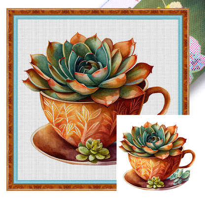 Tea Cup Succulent - 11CT Stamped Cross Stitch 50*50CM