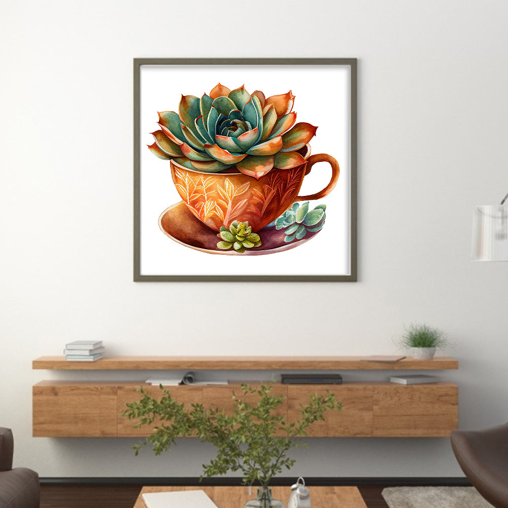 Tea Cup Succulent - 11CT Stamped Cross Stitch 50*50CM