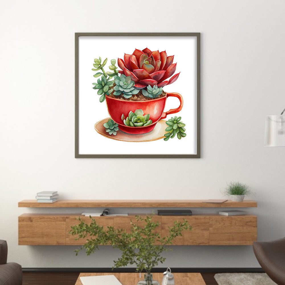 Tea Cup Succulent - 11CT Stamped Cross Stitch 50*50CM