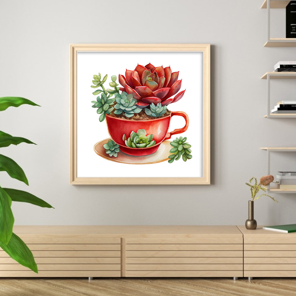 Tea Cup Succulent - 11CT Stamped Cross Stitch 50*50CM