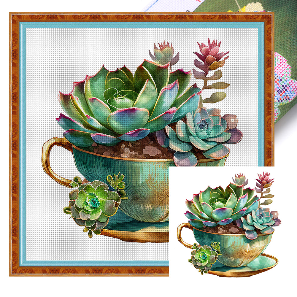 Tea Cup Succulent - 11CT Stamped Cross Stitch 50*50CM