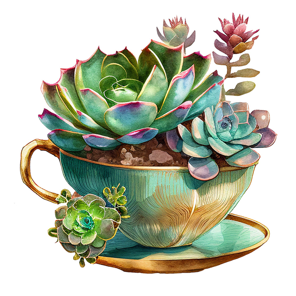 Tea Cup Succulent - 11CT Stamped Cross Stitch 50*50CM