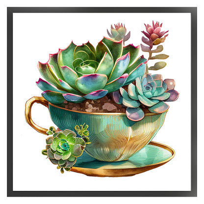 Tea Cup Succulent - 11CT Stamped Cross Stitch 50*50CM