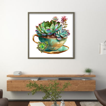 Tea Cup Succulent - 11CT Stamped Cross Stitch 50*50CM