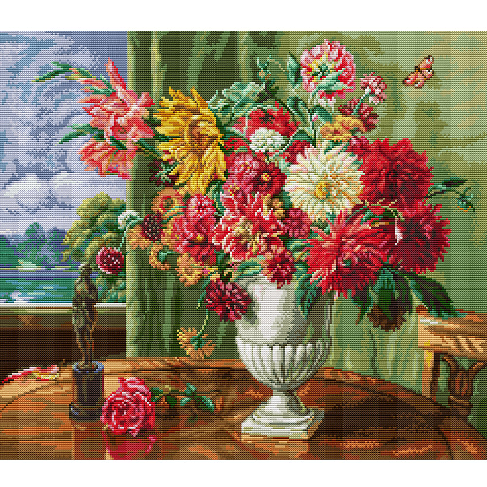 Flowers In Front Of Oil Painting Window - 14CT Stamped Cross Stitch 53*46CM(Joy Sunday)