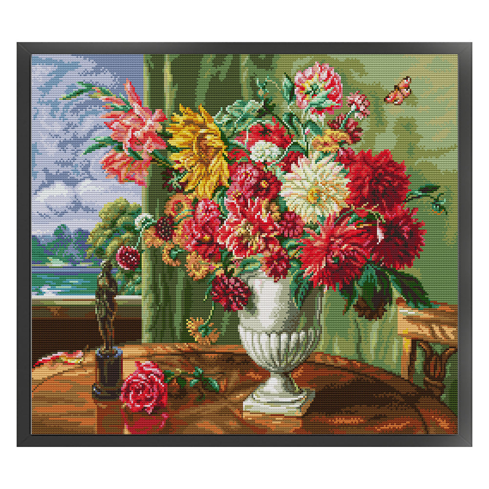 Flowers In Front Of Oil Painting Window - 14CT Stamped Cross Stitch 53*46CM(Joy Sunday)