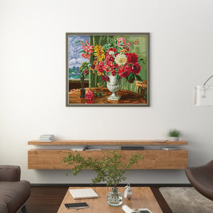 Flowers In Front Of Oil Painting Window - 14CT Stamped Cross Stitch 53*46CM(Joy Sunday)